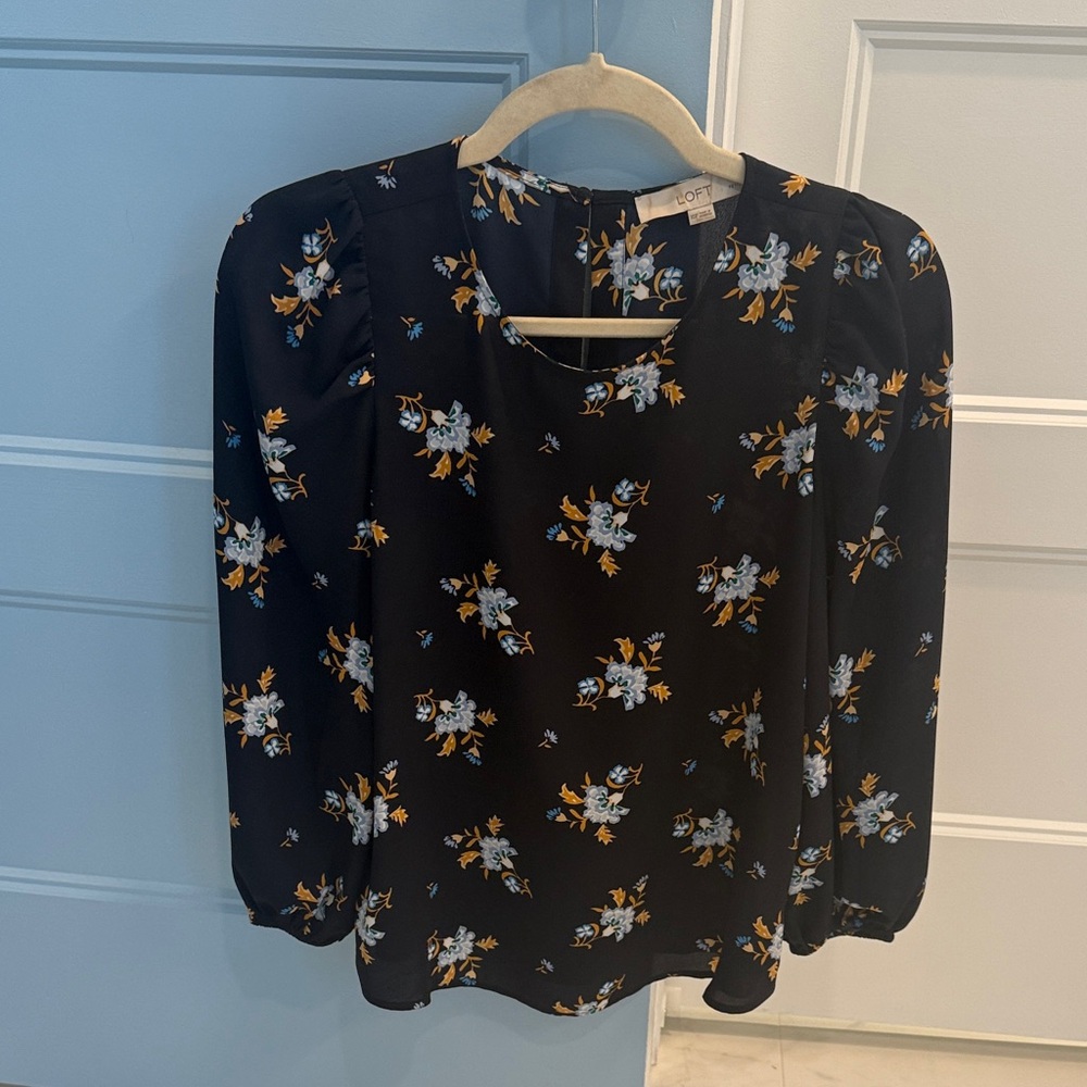 LOFT Black Blouse with Floral Print